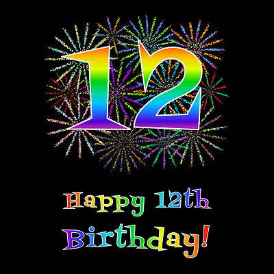 [ Thumbnail: 12th Birthday - Fun Rainbow Spectrum Gradient Pattern Text, Bursting Fireworks Inspired Background Art Print ]