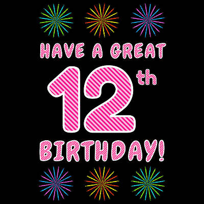 [ Thumbnail: 12th Birthday - Light Pink and Dark Pink Striped Text, and Colorful Bursting Fireworks Shapes Metal Print ]