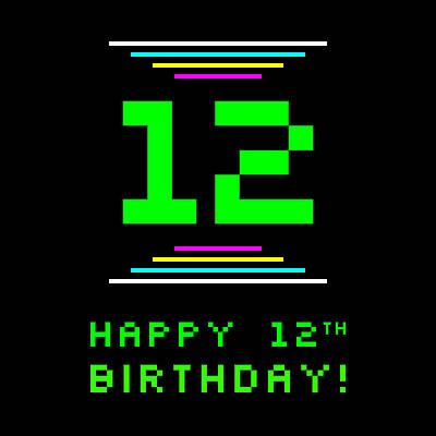[ Thumbnail: 12th Birthday - Nerdy Geeky Pixelated 8-Bit Computing Graphics Inspired Look Wood Print ]
