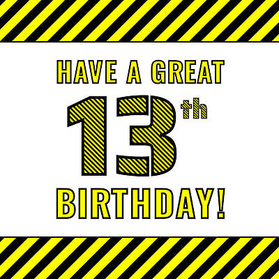 [ Thumbnail: 13th Birthday - Attention-Grabbing Yellow and Black Striped Stencil-Style Birthday Number Poster ]