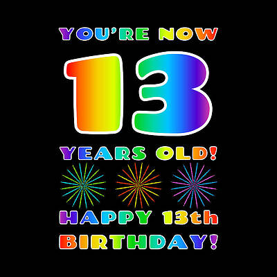 [ Thumbnail: 13th Birthday - Bold, Colorful, Rainbow Spectrum Gradient Pattern Text, With Firework Shapes Acrylic Print ]