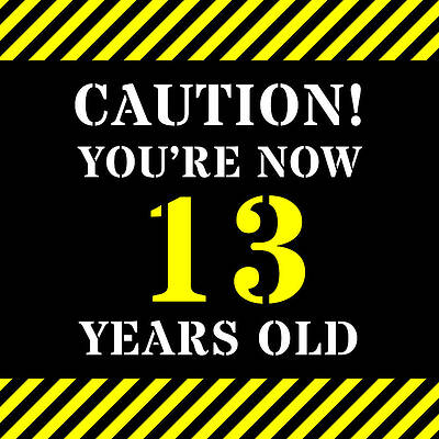 [ Thumbnail: 13th Birthday - Warning Stripes and Stencil Style Text Wood Print ]