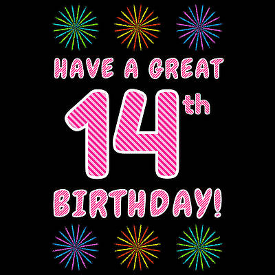 [ Thumbnail: 14th Birthday - Light Pink and Dark Pink Striped Text, and Colorful Bursting Fireworks Shapes Tapestry ]