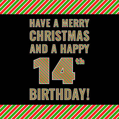[ Thumbnail: 14th Birthday on Christmas Day - Red, White, Green Stripes - Born on December 25th ]