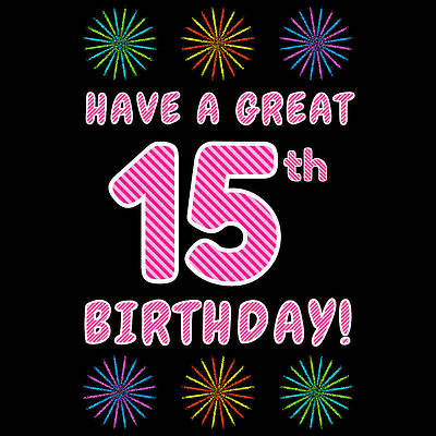 [ Thumbnail: 15th Birthday - Light Pink and Dark Pink Striped Text, and Colorful Bursting Fireworks Shapes Acrylic Print ]