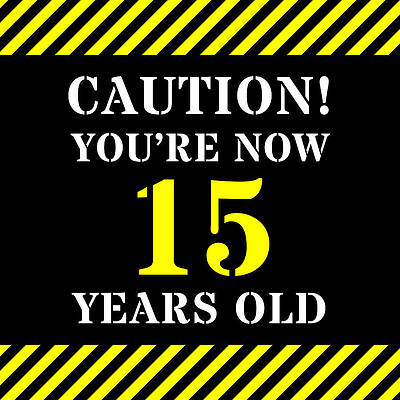 [ Thumbnail: 15th Birthday - Warning Stripes and Stencil Style Text Acrylic Print ]