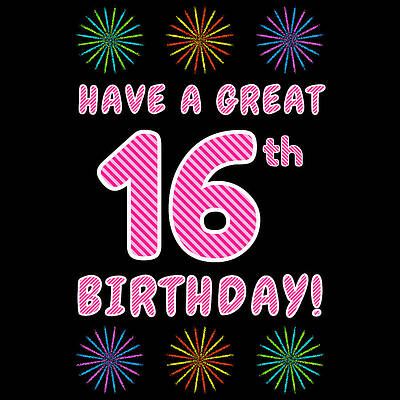 [ Thumbnail: 16th Birthday - Light Pink and Dark Pink Striped Text, and Colorful Bursting Fireworks Shapes Framed Print ]