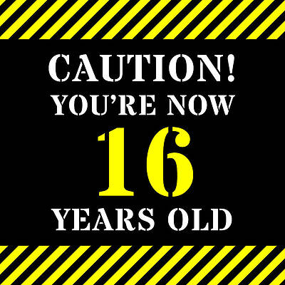 [ Thumbnail: 16th Birthday - Warning Stripes and Stencil Style Text Greeting Card ]