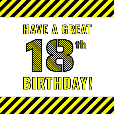 [ Thumbnail: 18th Birthday - Attention-Grabbing Yellow and Black Striped Stencil-Style Birthday Number ]