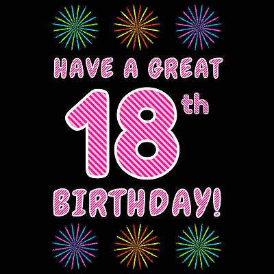 [ Thumbnail: 18th Birthday - Light Pink and Dark Pink Striped Text, and Colorful Bursting Fireworks Shapes Women's T-Shirt ]