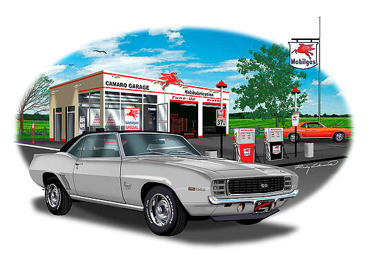 Wall Art - Drawing - 1969 Camaro RS SS 350 Silver Black Top Muscle Car Art by Rudy Edwards