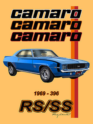 Wall Art - Drawing - 1969 Camaro RS SS 396 Blue with Black Stripe Muscle Car Art by Rudy Edwards