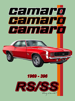 Wall Art - Drawing - 1969 Camaro RS SS 396 Red with White Stripe and White Top Muscle Car Art by Rudy Edwards