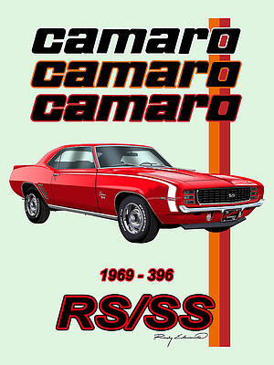 Wall Art - Drawing - 1969 Camaro RS SS 396 Red with White Stripe Muscle Car Art by Rudy Edwards