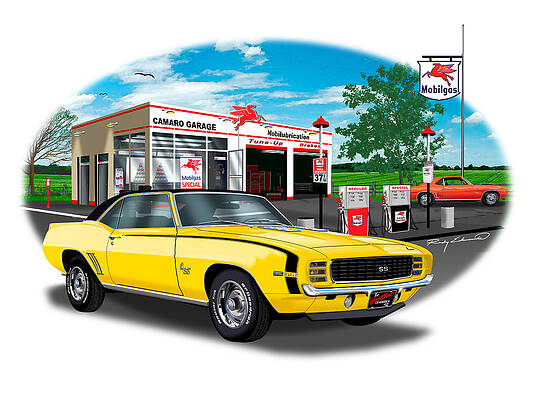 Wall Art - Drawing - 1969 Camaro RS SS 396 Yellow Black Top and Stripe Muscle Car Art by Rudy Edwards