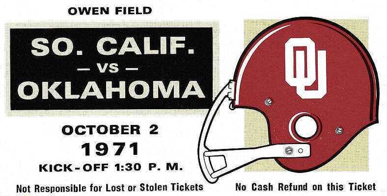 1971 Southern Cal vs. Oklahoma Football Ticket Stub Remix Art by Row One Brand 1971 Southern Cal vs. Oklahoma Football Ticket Stub Remix Art by Row One Brand
