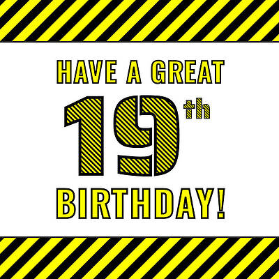 [ Thumbnail: 19th Birthday - Attention-Grabbing Yellow and Black Striped Stencil-Style Birthday Number Tote Bag ]