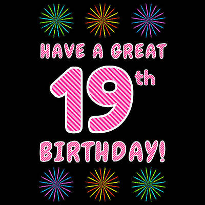 [ Thumbnail: 19th Birthday - Light Pink and Dark Pink Striped Text, and Colorful Bursting Fireworks Shapes Tapestry ]