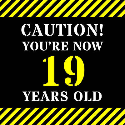 [ Thumbnail: 19th Birthday - Warning Stripes and Stencil Style Text Wood Print ]