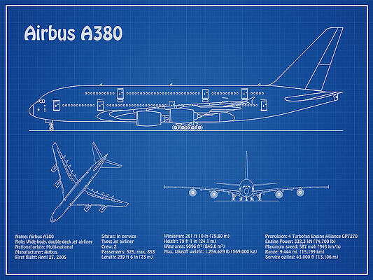 Wall Art - Drawing - Airbus a380 - Airplane Blueprint. Drawing Plans or Schematics with design outline for the Airbus a38 #3 by SP JE Art