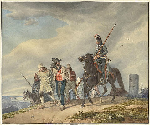 Three Armed Riders Escorting Prisoners Near Reims Print by Peter von Hess