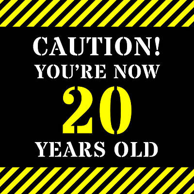 [ Thumbnail: 20th Birthday - Warning Stripes and Stencil Style Text Framed Print ]