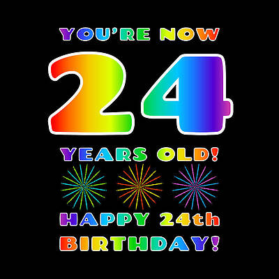 [ Thumbnail: 24th Birthday - Bold, Colorful, Rainbow Spectrum Gradient Pattern Text, With Firework Shapes Framed Print ]