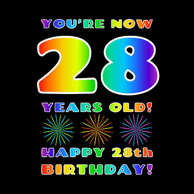 [ Thumbnail: 28th Birthday - Bold, Colorful, Rainbow Spectrum Gradient Pattern Text, With Firework Shapes Poster ]