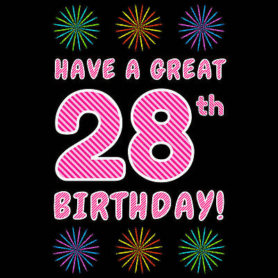 [ Thumbnail: 28th Birthday - Light Pink and Dark Pink Striped Text, and Colorful Bursting Fireworks Shapes Framed Print ]