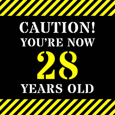 [ Thumbnail: 28th Birthday - Warning Stripes and Stencil Style Text Framed Print ]