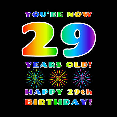 [ Thumbnail: 29th Birthday - Bold, Colorful, Rainbow Spectrum Gradient Pattern Text, With Firework Shapes Acrylic Print ]