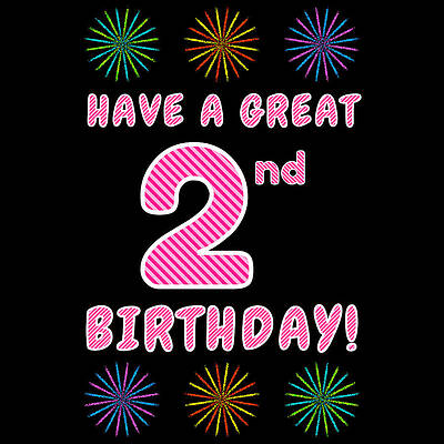 [ Thumbnail: 2nd Birthday - Light Pink and Dark Pink Striped Text, and Colorful Bursting Fireworks Shapes Adult T-Shirt ]
