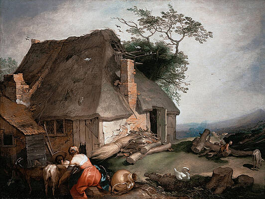 A cottage with peasants milking goats Print by Abraham Bloemaert