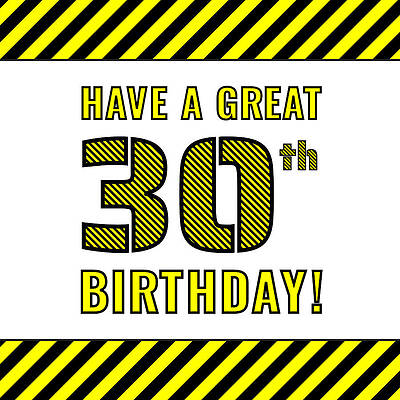 [ Thumbnail: 30th Birthday - Attention-Grabbing Yellow and Black Striped Stencil-Style Birthday Number Wood Print ]