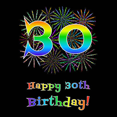 [ Thumbnail: 30th Birthday - Fun Rainbow Spectrum Gradient Pattern Text, Bursting Fireworks Inspired Background Fleece Blanket ]