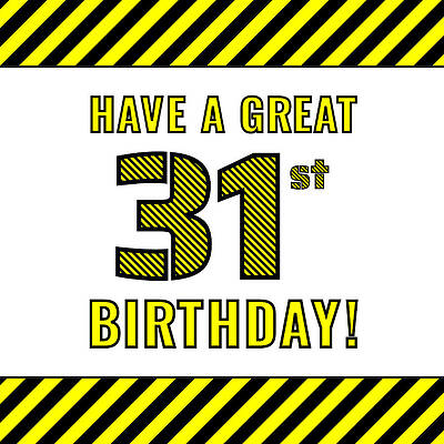 [ Thumbnail: 31st Birthday - Attention-Grabbing Yellow and Black Striped Stencil-Style Birthday Number Metal Print ]