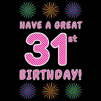 [ Thumbnail: 31st Birthday - Light Pink and Dark Pink Striped Text, and Colorful Bursting Fireworks Shapes Coffee Mug ]