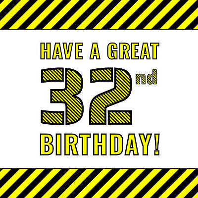[ Thumbnail: 32nd Birthday - Attention-Grabbing Yellow and Black Striped Stencil-Style Birthday Number Metal Print ]