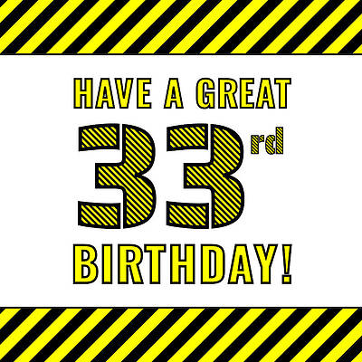 [ Thumbnail: 33rd Birthday - Attention-Grabbing Yellow and Black Striped Stencil-Style Birthday Number Acrylic Print ]