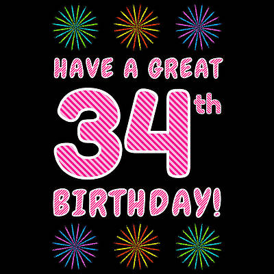 [ Thumbnail: 34th Birthday - Light Pink and Dark Pink Striped Text, and Colorful Bursting Fireworks Shapes Metal Print ]