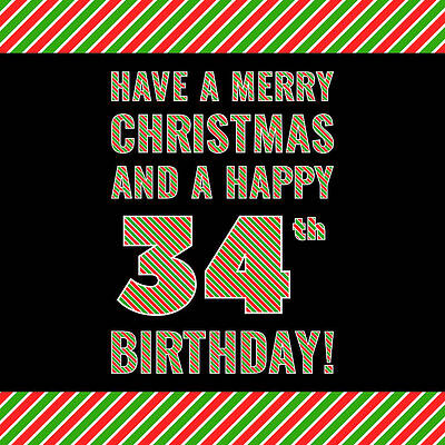 [ Thumbnail: 34th Birthday on Christmas Day - Red, White, Green Stripes - Born on December 25th Acrylic Print ]