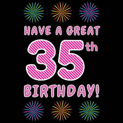 [ Thumbnail: 35th Birthday - Light Pink and Dark Pink Striped Text, and Colorful Bursting Fireworks Shapes Acrylic Print ]