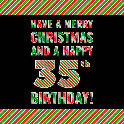 [ Thumbnail: 35th Birthday on Christmas Day - Red, White, Green Stripes - Born on December 25th Sticker ]