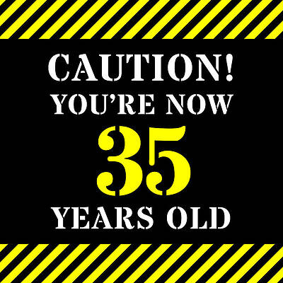 [ Thumbnail: 35th Birthday - Warning Stripes and Stencil Style Text Duvet Cover ]