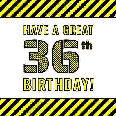 [ Thumbnail: 36th Birthday - Attention-Grabbing Yellow and Black Striped Stencil-Style Birthday Number Throw Pillow ]