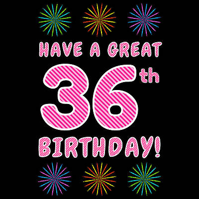 [ Thumbnail: 36th Birthday - Light Pink and Dark Pink Striped Text, and Colorful Bursting Fireworks Shapes Adult T-Shirt ]