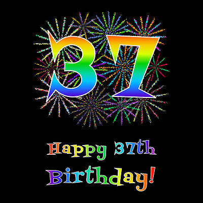 [ Thumbnail: 37th Birthday - Fun Rainbow Spectrum Gradient Pattern Text, Bursting Fireworks Inspired Background Metal Print ]