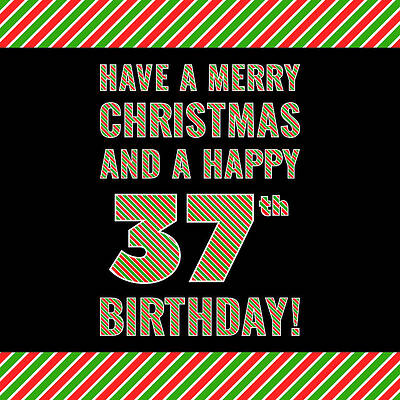 [ Thumbnail: 37th Birthday on Christmas Day - Red, White, Green Stripes - Born on December 25th Throw Pillow ]