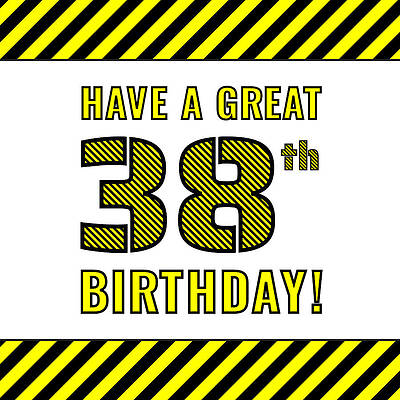[ Thumbnail: 38th Birthday - Attention-Grabbing Yellow and Black Striped Stencil-Style Birthday Number Throw Pillow ]