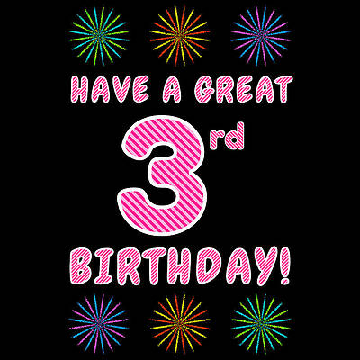 [ Thumbnail: 3rd Birthday - Light Pink and Dark Pink Striped Text, and Colorful Bursting Fireworks Shapes Art Print ]